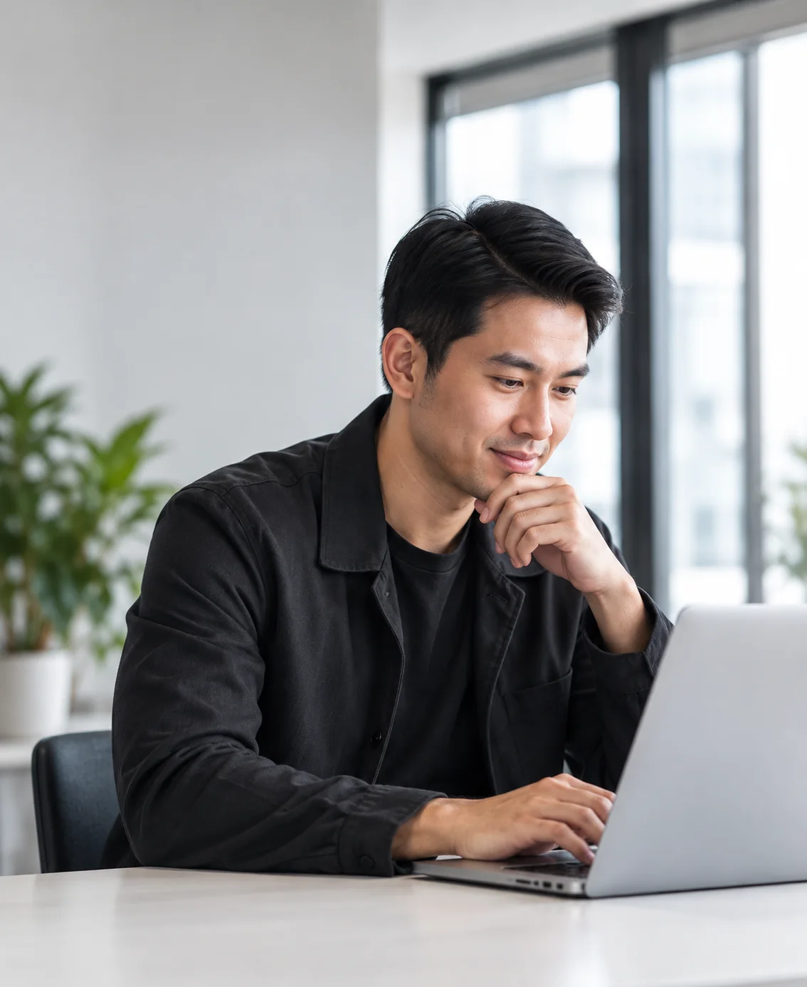 A business owner reviewing his website on a laptop
